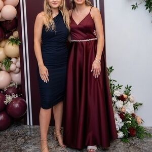 Burgundy satin A line bridesmaid dress bedazzled belt celebrate DB studio size 4